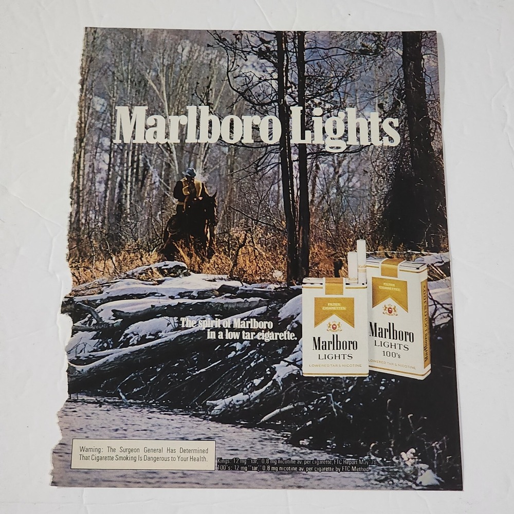 Vintage 1978 Marlboro Lights Print Ad Cowboy Horse Snow Creek Clipping 8x11